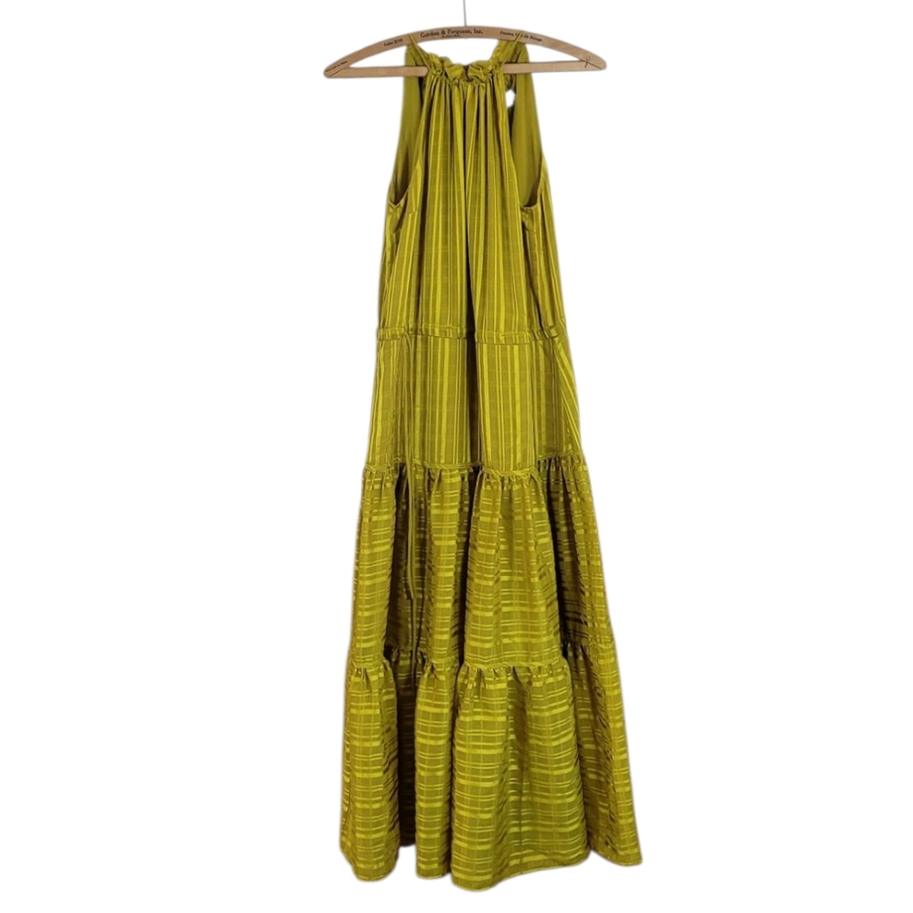 TED BAKER London Eymilia Chartreuse Tiered Halter Neck Shirred Midi Dress XS - Picture 3 of 11